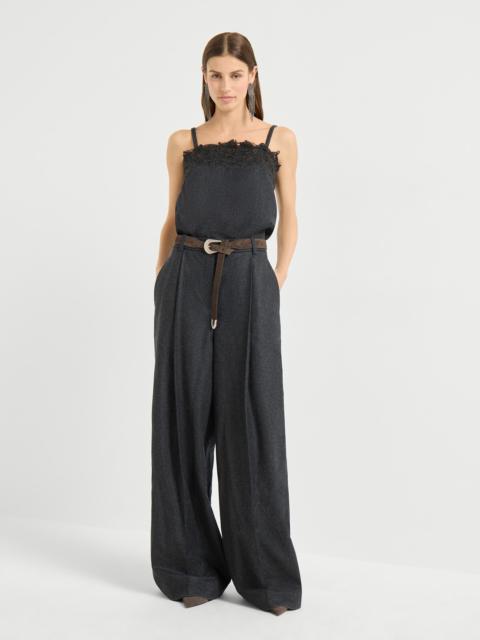 Brunello Cucinelli Virgin wool flannel jumpsuit with wispy lace embroidery
