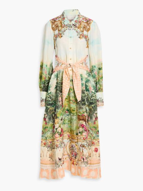 CAMILLA Crystal-embellished printed linen and silk-blend midi shirt dress