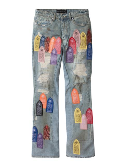 WHO DECIDES WAR PATCH ARCHED REPAIRED DISTRESSED DENIM