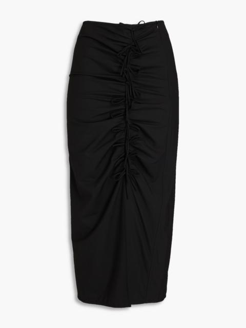 GANNI Bow-detailed ruched poplin midi skirt