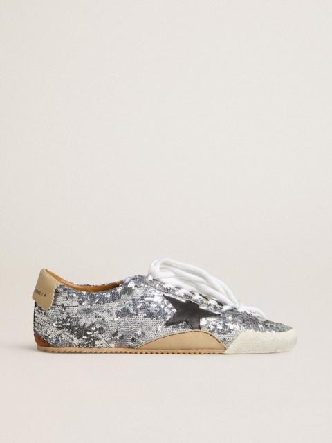 Golden Goose Women's True-Star in silver sequins with black star and beige leather heel tab