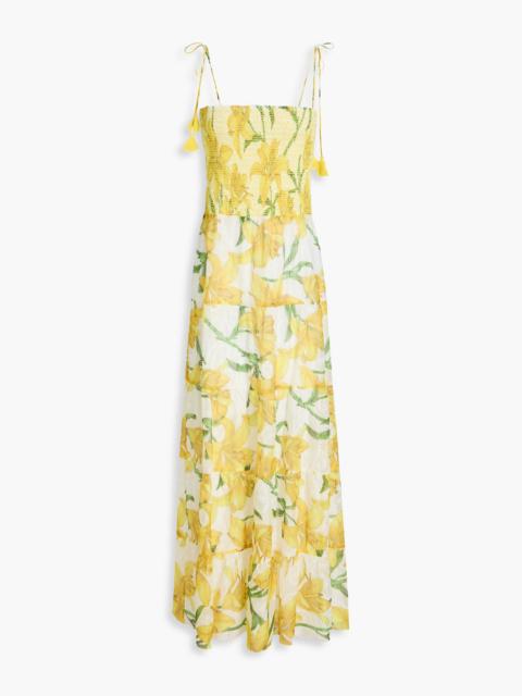 Alice + Olivia Marna tiered smocked floral-print broderie anglaise midi dress
