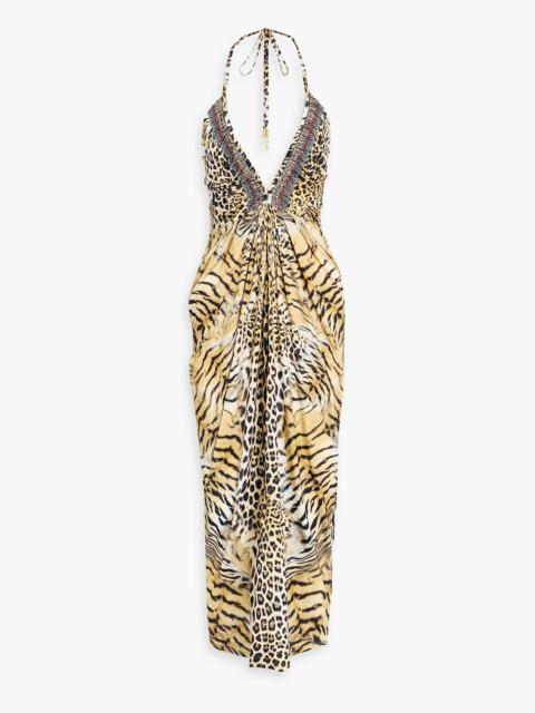 CAMILLA Crystal-embellished leopard-print stretch-jersey halterneck midi dress