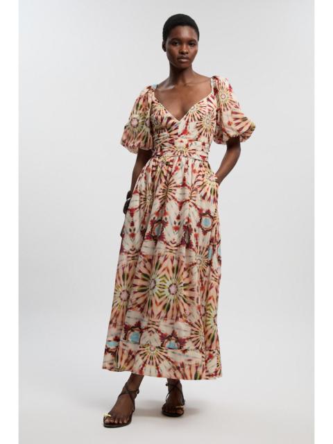 KAREN MILLEN Tile Print Silk Cotton Volume Sleeve Woven Maxi Dress