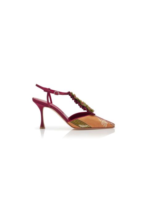 Manolo Blahnik Red Silk Rosettes Detail T-Bar Pumps