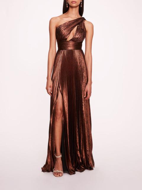 Marchesa METALLIC LAME PLEATED GOWN