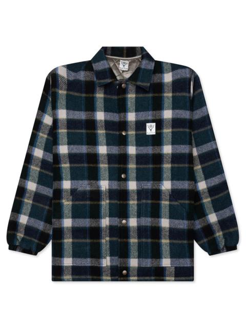 South2 West8 WOOL MELTON PLAID COACH JACKET - GREEN