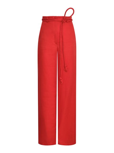 ANDRES OTALORA Oda Al Jardin Belted Linen Wide-Leg Pants red