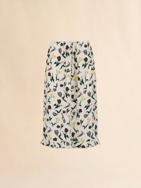 Marni CREAM ENVERS SATIN MIDI SKIRT WITH TULIPS AND HARES PRINT