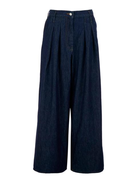 Dries Van Noten Dries Van Noten Women 'Pamplona' Blue Pants With Leather Logo Patch On The Rear And Wide Leg In Deni