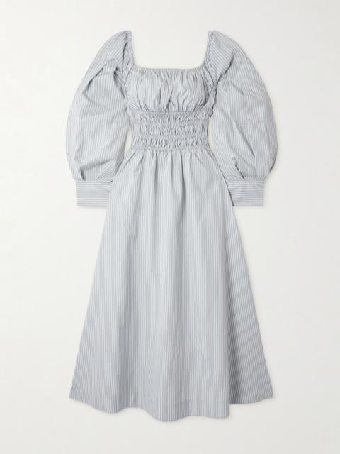 Altuzarra Josie shirred striped cotton-poplin midi dress Light blue