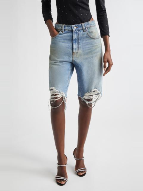 AREA Area Crystal Frayed Cutoff Shorts in Medium Blue at Nordstrom