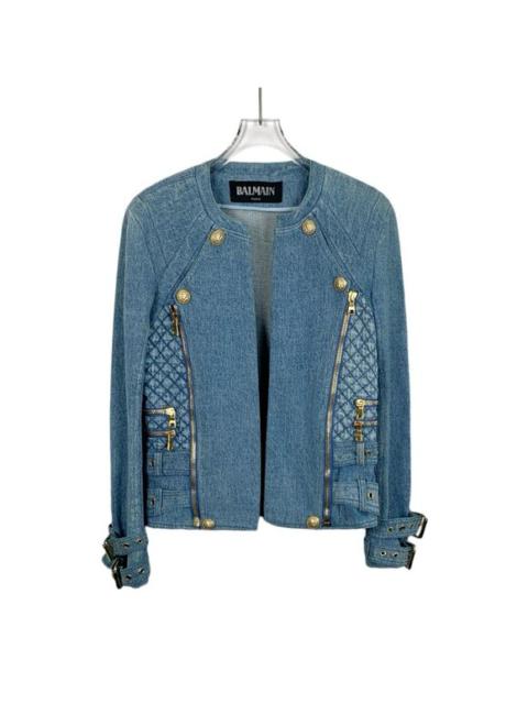 Balmain Paris Quilted Denim Jacket With Gold-Tone Hardware & Zipper Accents Size