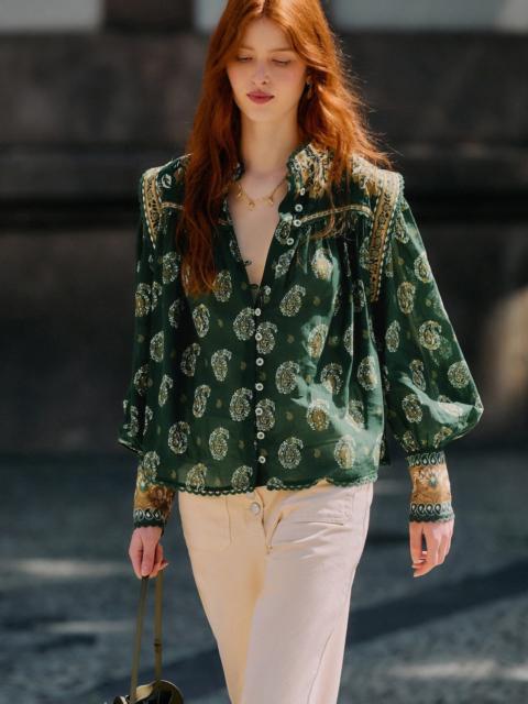 FARM RIO Green Tayla Lace Buttoned Puff Sleeve Blouse