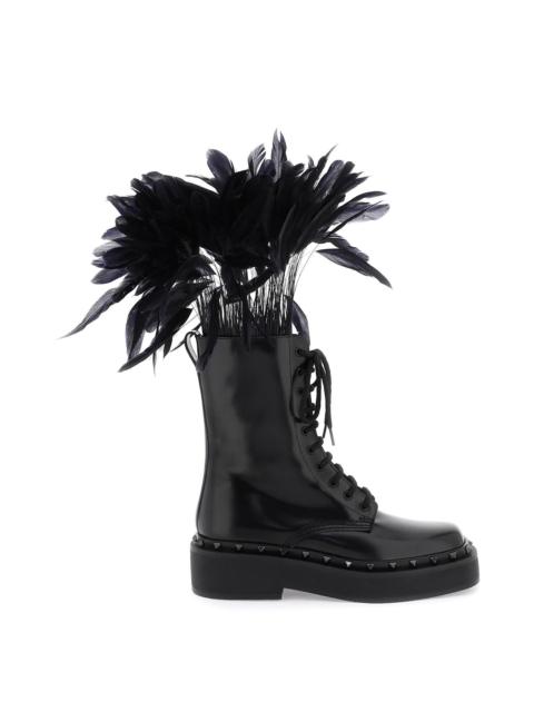 Valentino Garavani Leather M-Way Rockstud Combat Boots With Feathers Women
