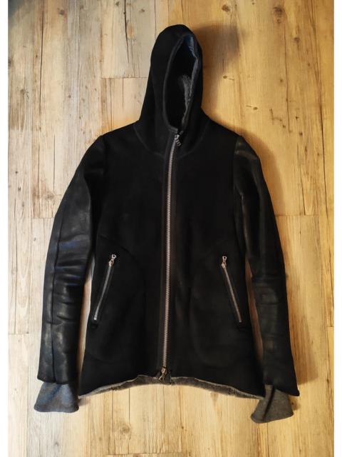 Mixed leather/shearling hooded coat.like Rick Owens