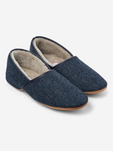 Derek Rose Men's Slippers Crawford 2 Harris Tweed Sheepskin Navy