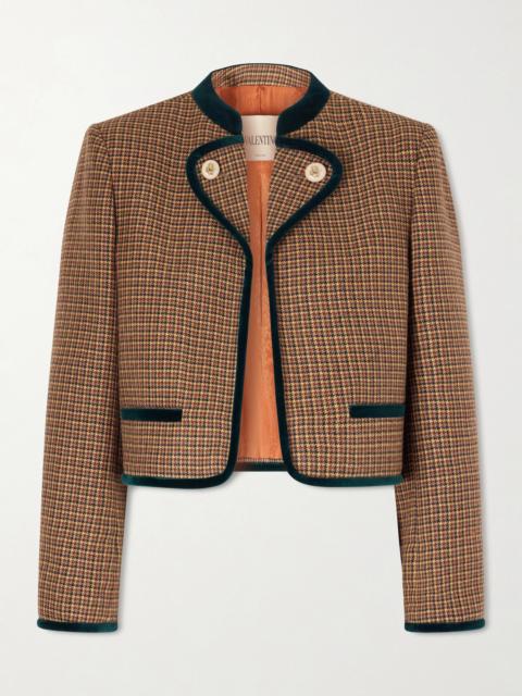 Valentino Cropped Velvet-trimmed Houndstooth Wool Jacket