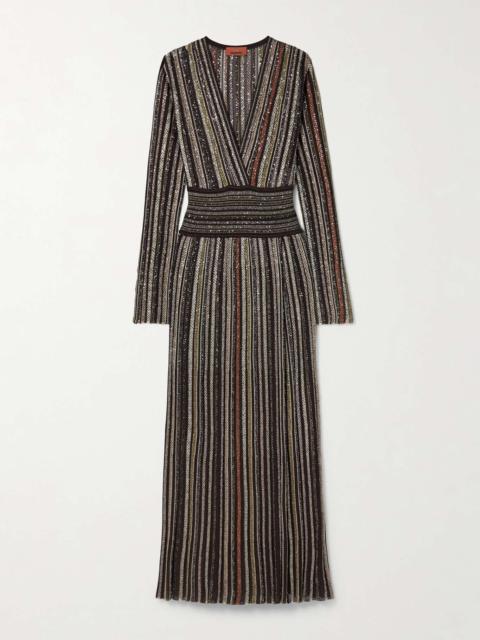 Wrap-effect sequin-embellished striped jersey maxi dress Black