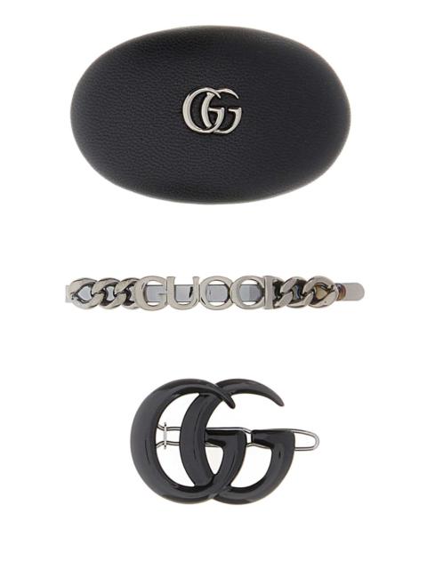 GUCCI Gucci Women Black Leather And Metal Hair Clips Set