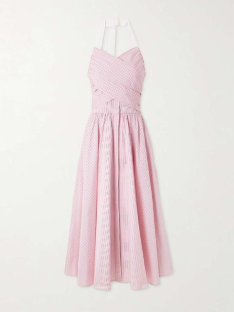 Draped striped cotton-poplin halterneck midi dress Baby pink