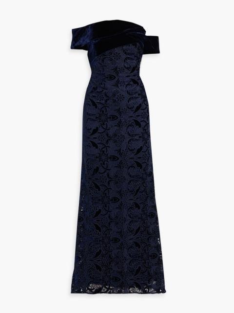 Other Designers Velvet-paneled guipure lace gown
