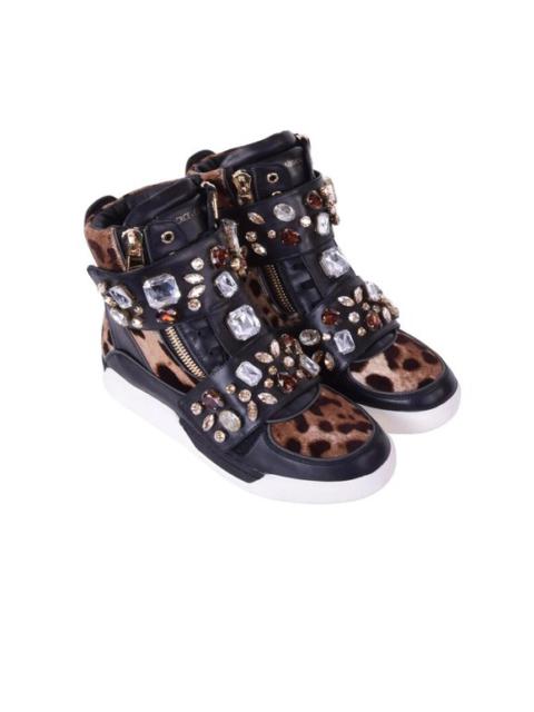 Dolce & Gabbana Crystals Leopard High-Top Zip Sneakers Shoes Black 05875