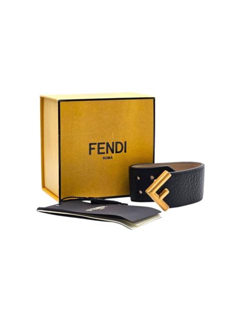FENDI F Deco Cuoio Roma Leather Bracelet Black Gold Size L - New