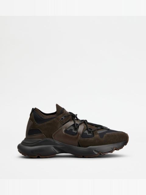 Tod's SNEAKERS IN LEATHER AND TECHNICAL FABRIC - BROWN