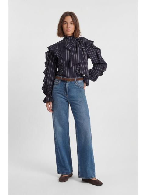 KAREN MILLEN Ruffle Front Cotton Stripe Pussy Bow Blouse