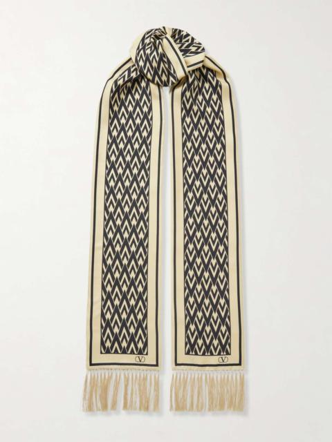 Fringed printed silk-twill scarf Black