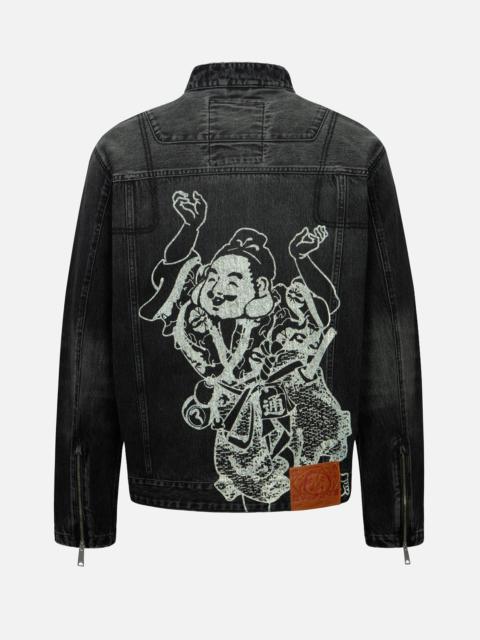 EVISU GODHEAD PRINT RELAX FIT BIKER DENIM JACKET