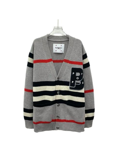 Burberry Burberry Color-Blocked Striped Embroidered Wool V Single-Breasted Long Sleeve Knit Cardigan