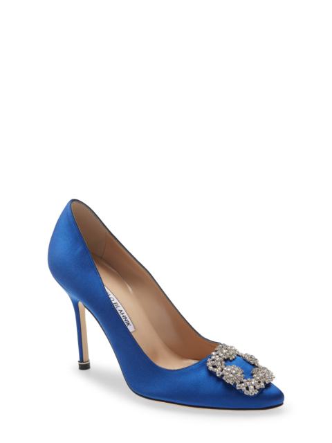 Manolo Blahnik Manolo Blahnik Hangisi Crystal Buckle Pump in Blue Satin Clear/Buckle at Nordstrom
