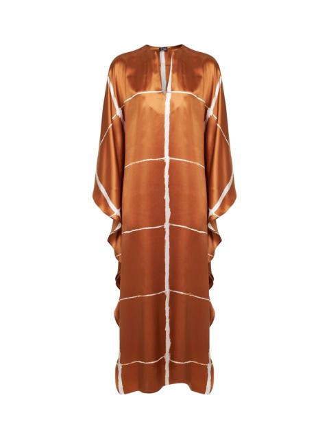 Other Designers Kiton Women Tan And White Printed Silk Satin Long Kaftan Dress