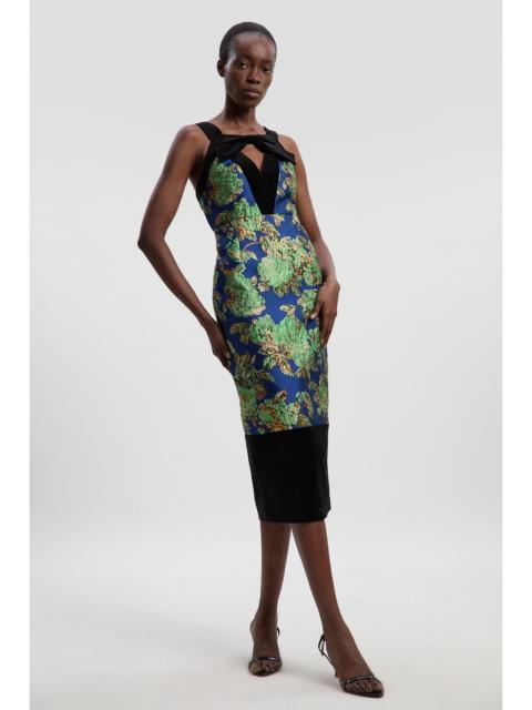 KAREN MILLEN Velvet And Jacquard Contrast Strappy Tailored Midi Dress