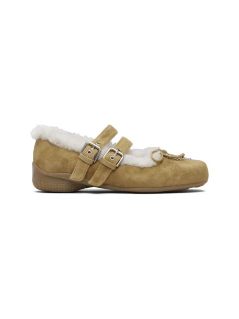 OPEN YY Tan Shearling Heart Stud Ballet Flats