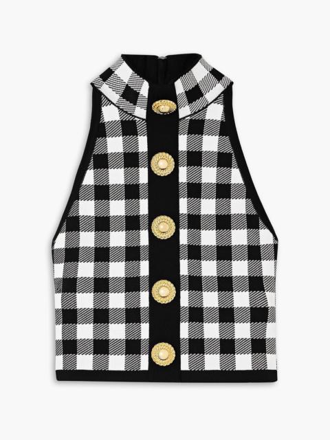 Balmain Cropped button-embellished gingham knitted top
