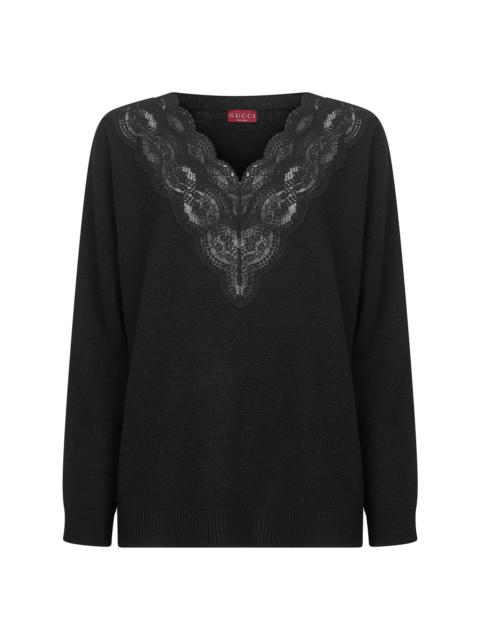 GUCCI Gucci Women Black Wool And Cashmere Knit Sweater With Lace