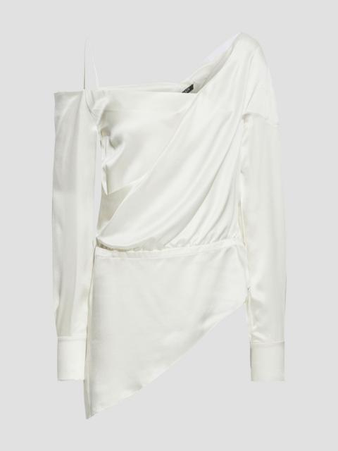 Balmain Asymmetric wrap-effect draped silk-satin peplum top