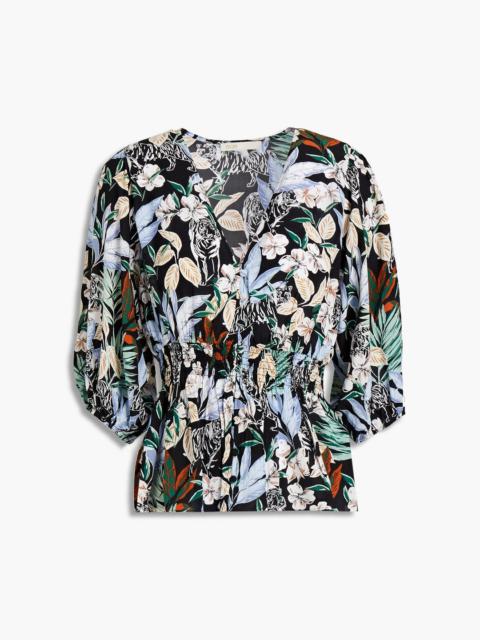 maje Shirred floral-print crepe de chine blouse