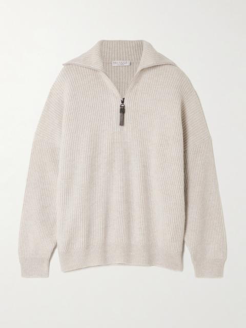 Brunello Cucinelli Bead-embellished Ribbed Cashmere Half-zip Sweater
