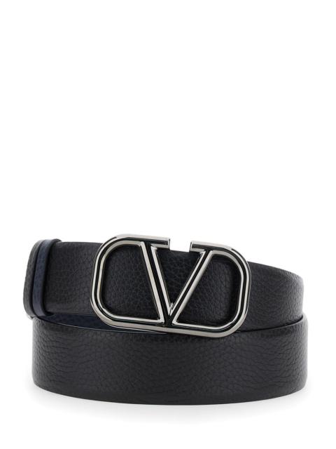 Valentino Valentino Garavani Men Black Reversible Belt With Vlogo Buckle On The Front In Hammered Leather Man