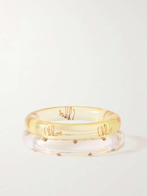 Set of two resin, crystal and gold-tone bangles Gold