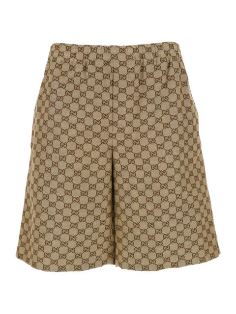 GUCCI Gucci Men Beige Bermuda Shorts With Elastic Waist And All-Over Gg Motif In Linen Blend Man