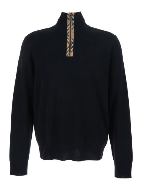 Burberry Burberry Men Black Turtleneck Sweater With Check Detail On The Front In Wool And Cotton Man