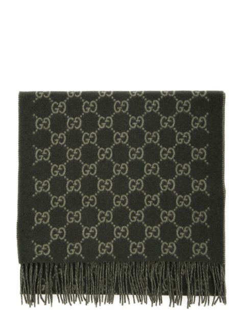 GUCCI Gucci Men Green Scarf With Fringed Hem And Gg Motif Jacquard In Cashmere Man