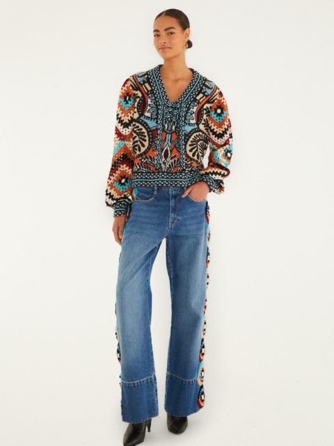 FARM RIO Colorful Stripes Crochet Denim Pants