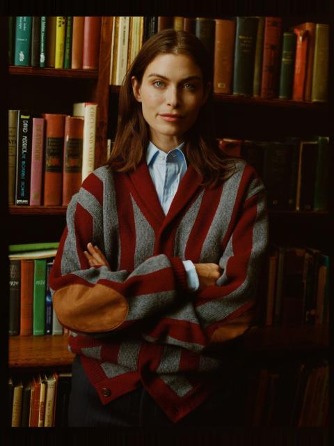 J. PRESS BURGUNDY & GREY STRIPED VARSITY-STYLE COTTON CARDIGAN - TRIM FIT