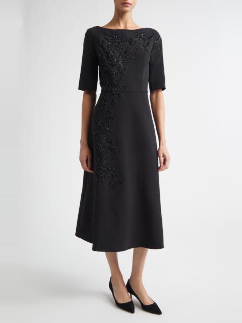 CAROLINA HERRERA Carolina Herrera Embroidered Bateau Neck Midi Dress in Black at Nordstrom